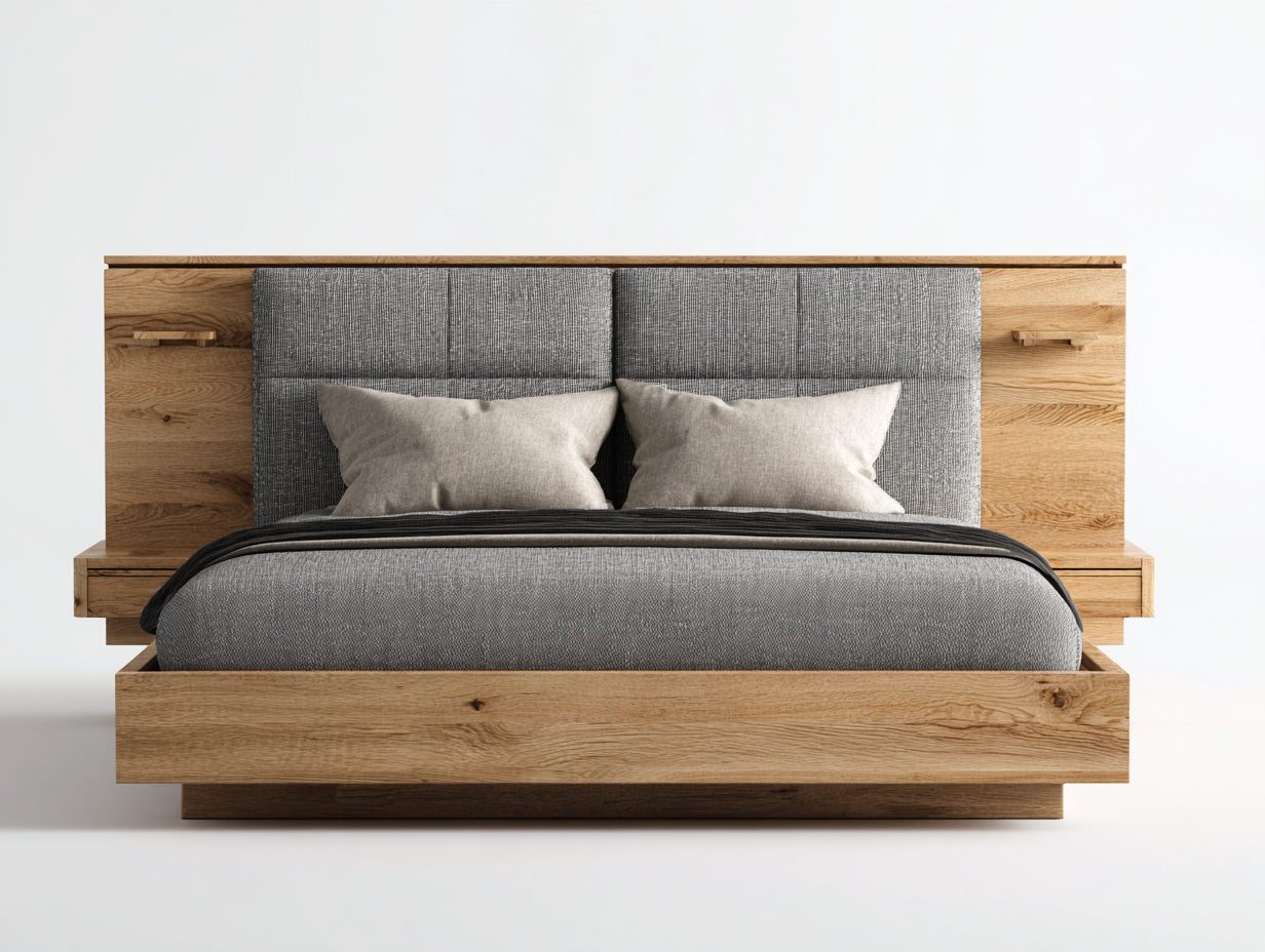 Letto matrimoniale - Legno-Tessuto - 210x180x125 cm - Marrone-Grigio - Stile moderno imbottito
