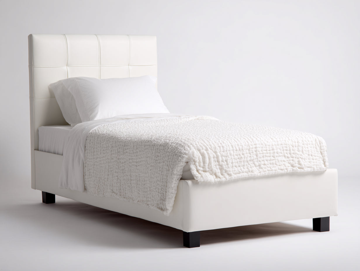 Letto singolo - Pelle sintetica - 210x100x110 cm - Bianco crema - Stile moderno imbottito