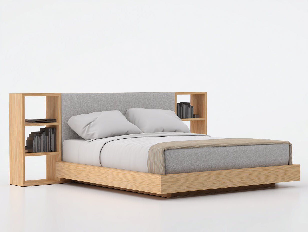 Letto matrimoniale - Legno-Tessuto - 215x240x125 cm - Marrone chiaro-Grigio chiaro - Stile moderno con vani laterali