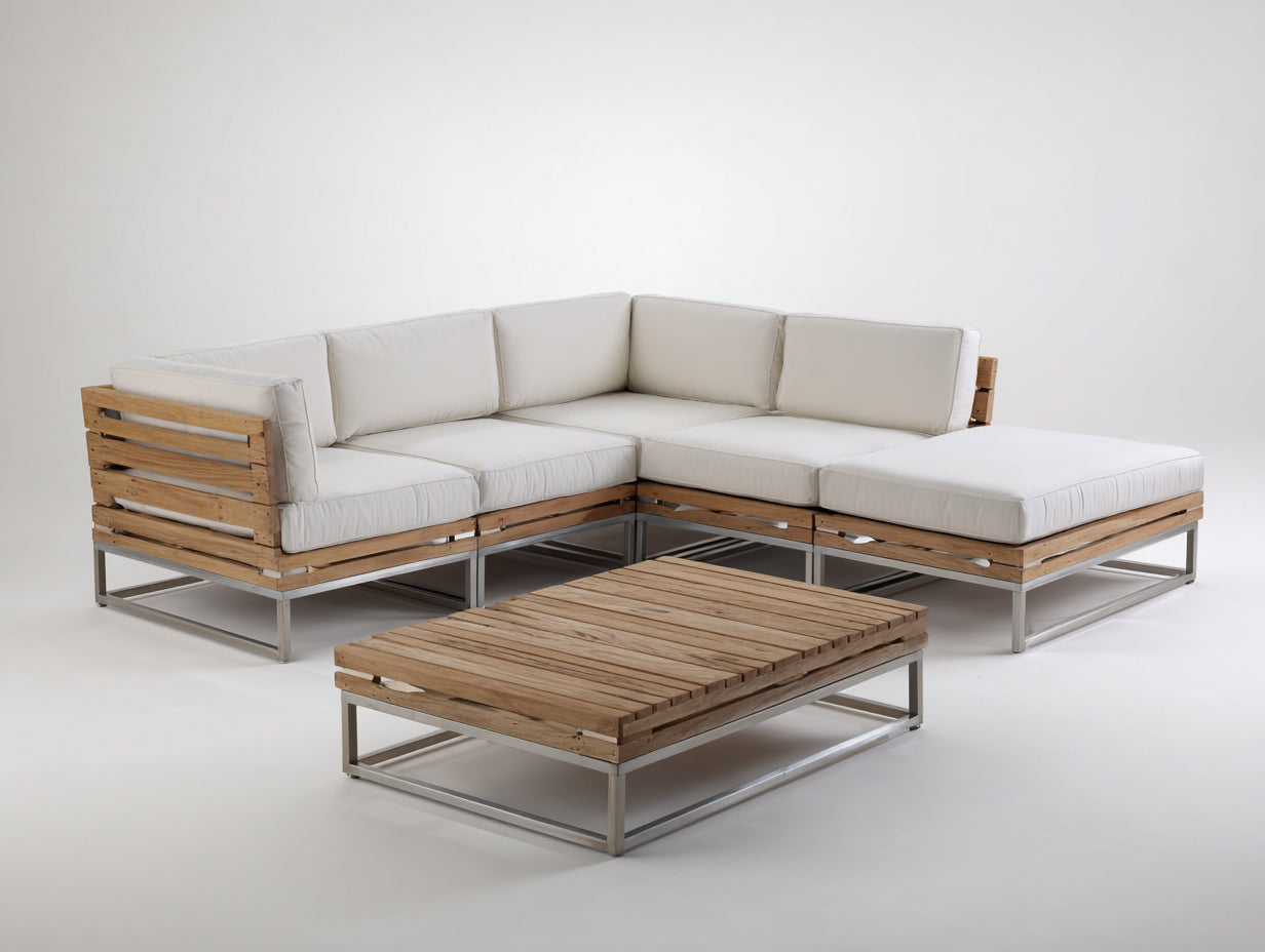Divani da esterno-Legno-Metallo-Tessuto-245 x 245 x 80 cm-Naturale-Bianco-Argento-Stile contemporaneo