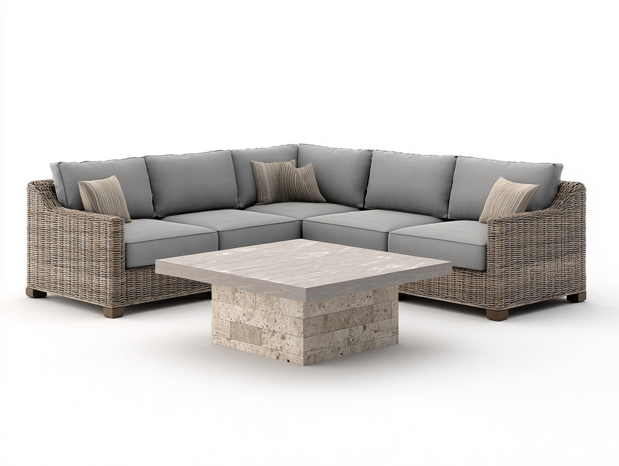 Divani da esterno-Rattan sintetico-Tessuto-Pietra composita-275 x 275 x 80 cm-Grigio tortora-Grigio chiaro-Beige-Stile contemporaneo