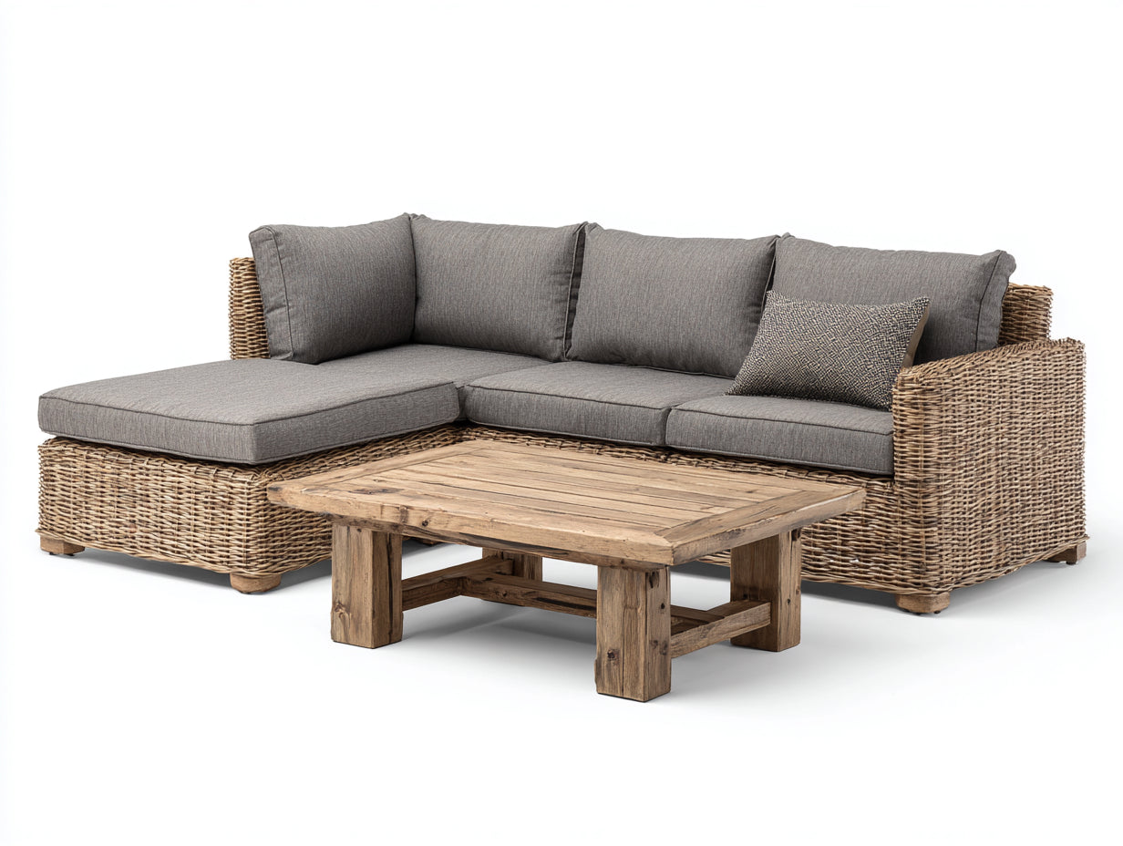 Divani da esterno-Rattan sintetico-Tessuto-Legno-255 x 170 x 82 cm-Naturale-Grigio-Stile rustico contemporaneo