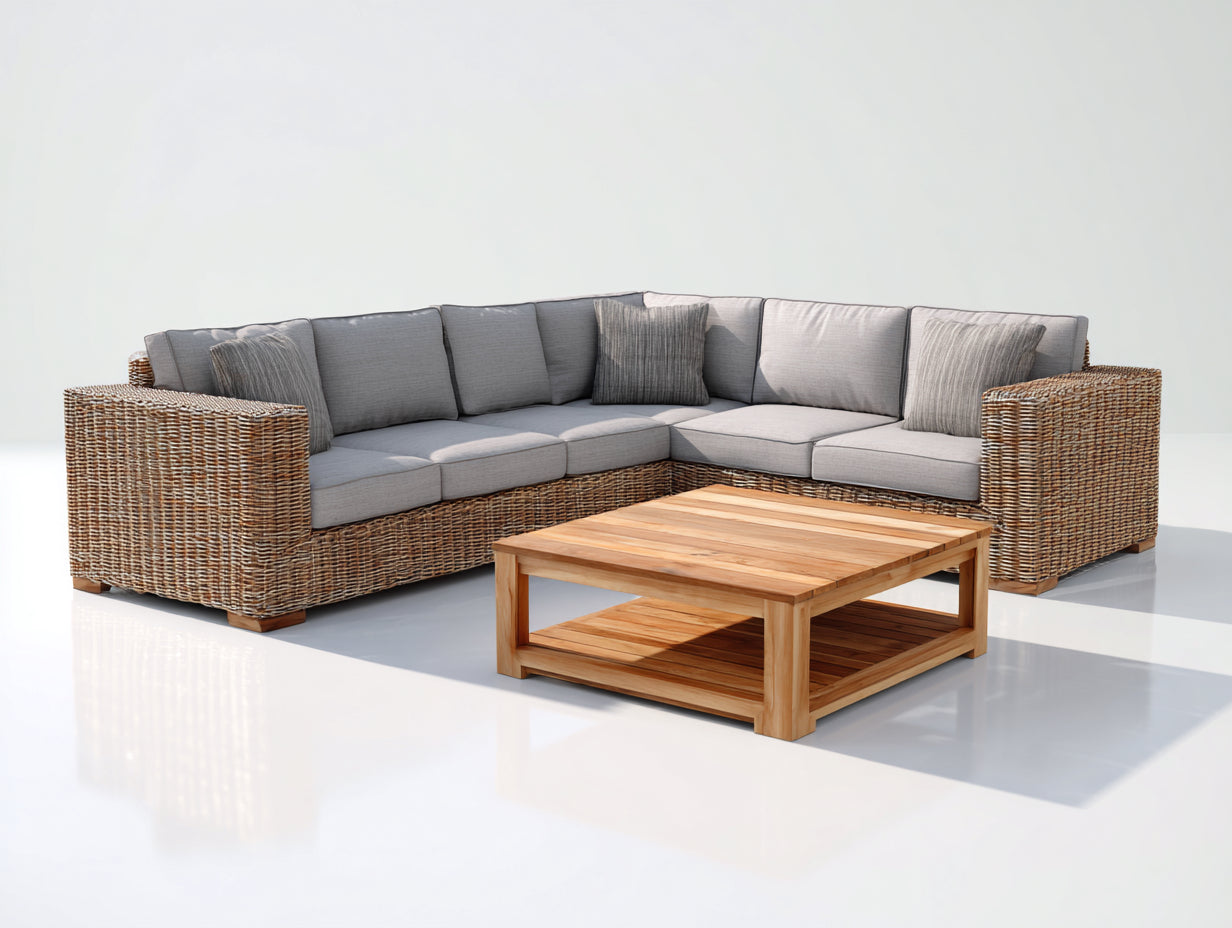 Divani da esterno-Rattan sintetico-Tessuto-Legno-278 x 202 x 82 cm-Naturale-Grigio-Stile contemporaneo