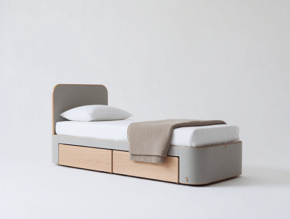 Letto singolo - Tessuto-Legno - 210x100x95 cm - Grigio chiaro-Rovere naturale - Stile moderno con contenitore