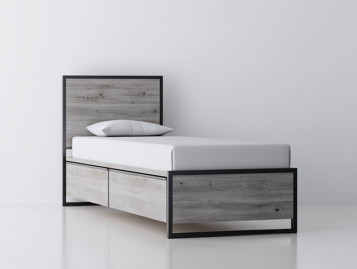 Letto singolo - Legno Metallo - 210x100x95 cm - Effetto legno naturale Nero - Stile moderno