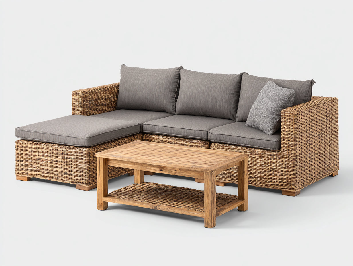 Divani da esterno-Rattan sintetico-Tessuto-Legno-248 x 165 x 84 cm-Naturale-Grigio-Stile rustico moderno