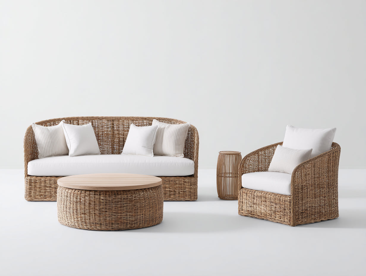 Divani da esterno-Rattan sintetico-Tessuto-Legno-210 x 90 x 82 cm-Naturale-Bianco-Stile naturale