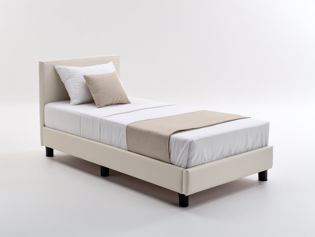 Letto singolo - Pelle sintetica - 210x100x95 cm - Beige - Stile moderno minimalista