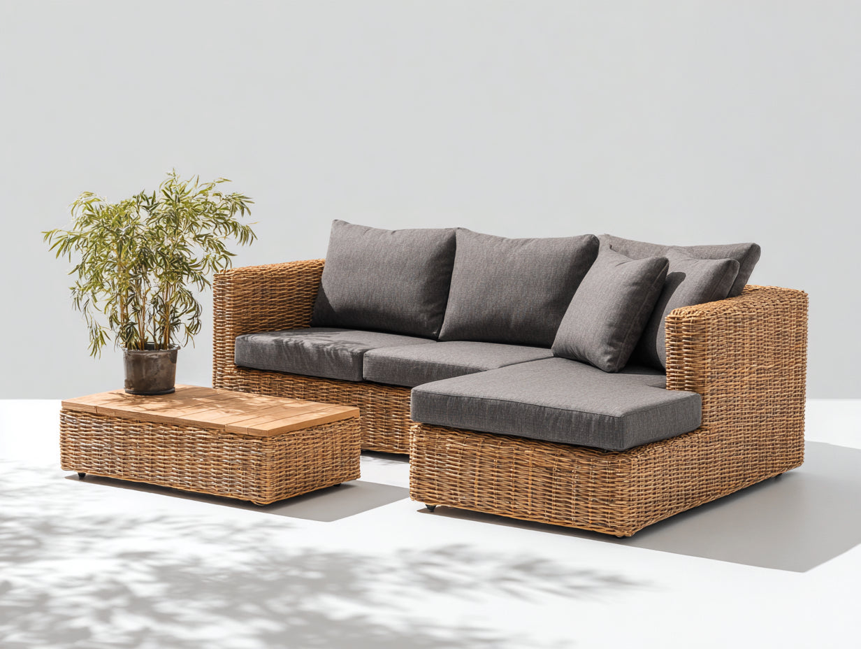 Divani da esterno-Rattan sintetico-Tessuto-Legno-240 x 170 x 81 cm-Naturale-Grigio scuro-Stile contemporaneo