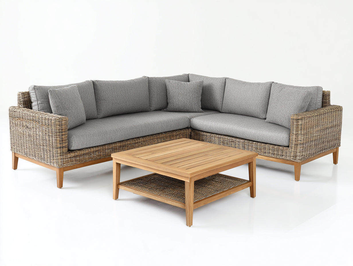 Divani da esterno-Rattan sintetico-Tessuto-Legno-275 x 210 x 82 cm-Naturale-Grigio-Stile contemporaneo