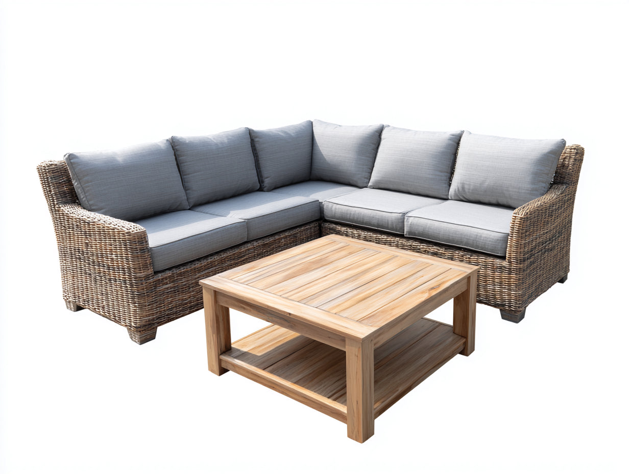 Divani da esterno-Rattan sintetico-Tessuto-Legno-250 x 250 x 82 cm-Naturale-Grigio-Stile contemporaneo