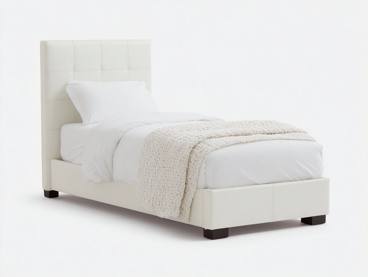 Letto singolo - Pelle sintetica - 210x100x110 cm - Bianco crema - Stile moderno imbottito
