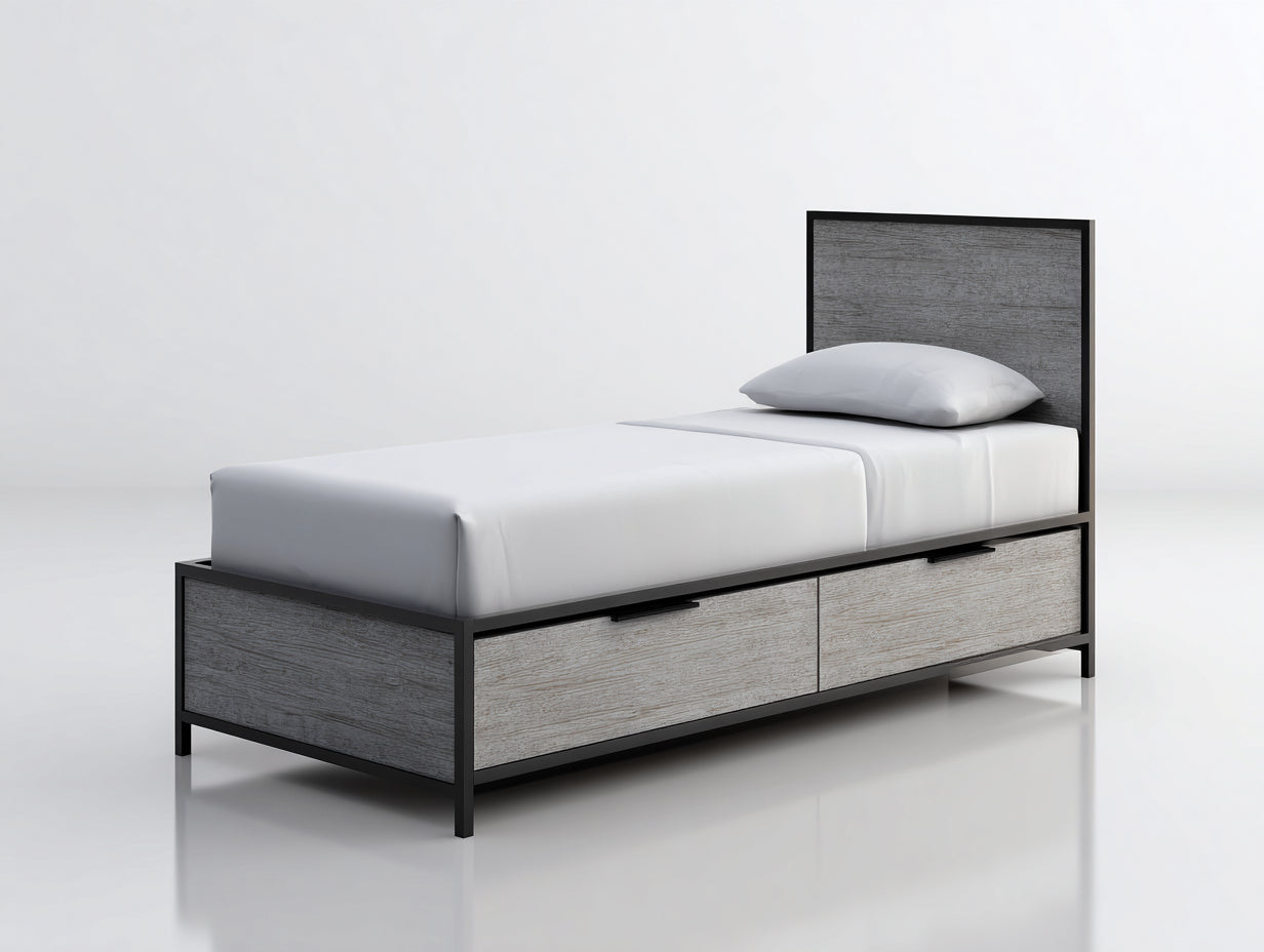 Letto singolo - Legno-Metallo - 210x100x105 cm - Rovere grigio-Nero - Stile industriale con contenitore