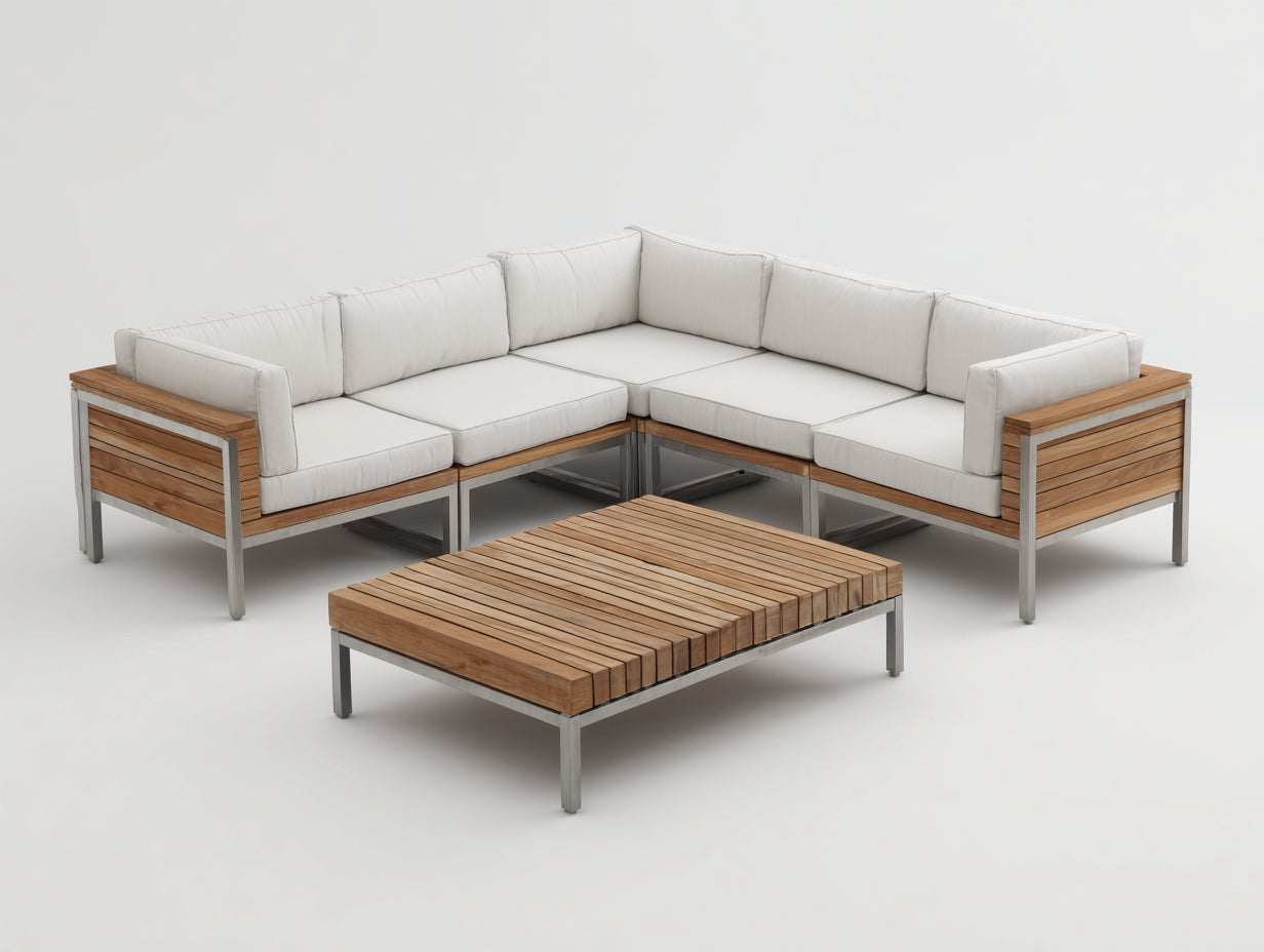 Divani da esterno-Legno-Metallo-Tessuto-245 x 245 x 78 cm-Naturale-Bianco-Argento-Stile contemporaneo