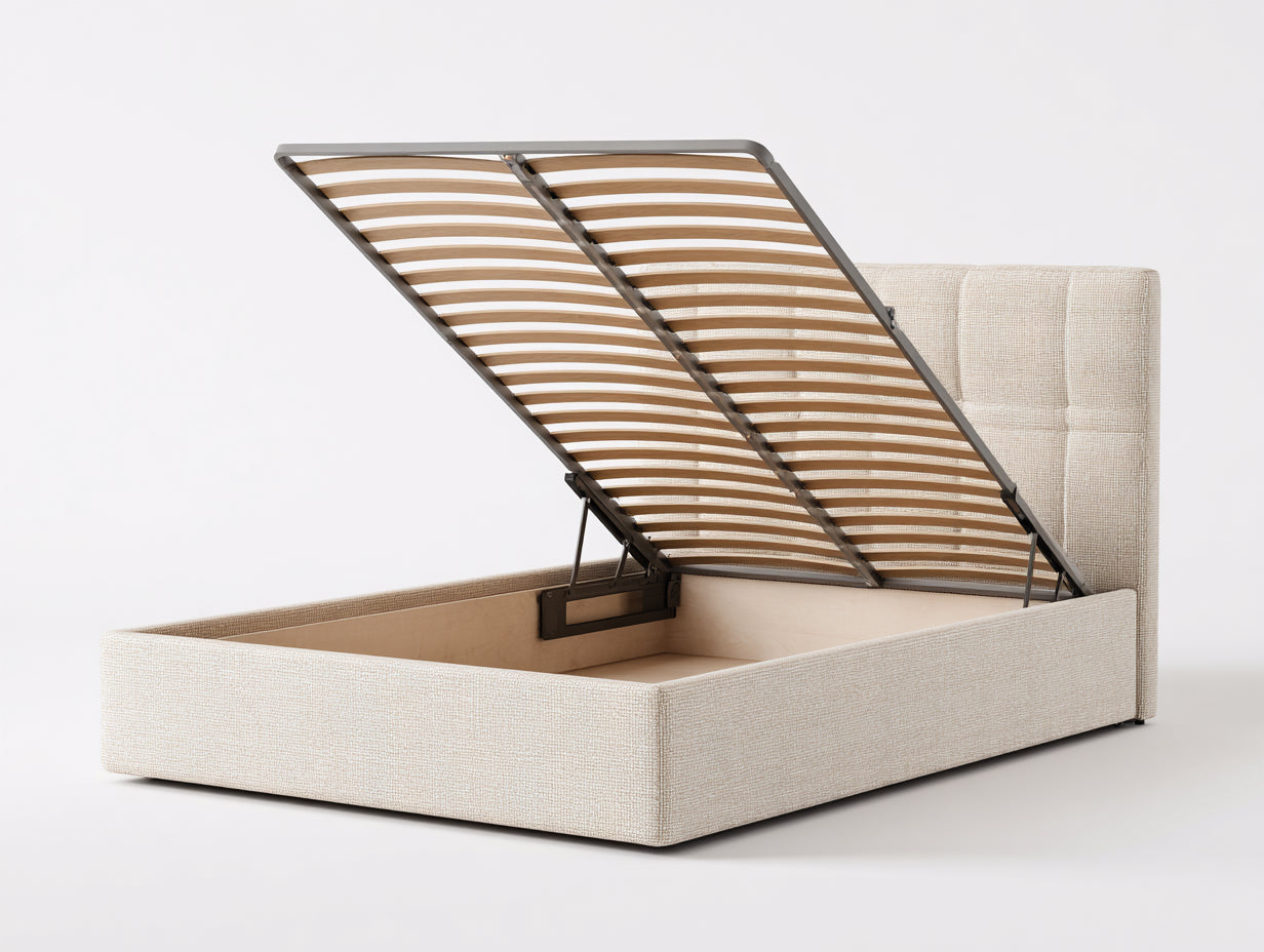 Letto matrimoniale - Legno-Metallo-Tessuto - 210x180x120 cm - Beige - Stile moderno con contenitore sollevabile