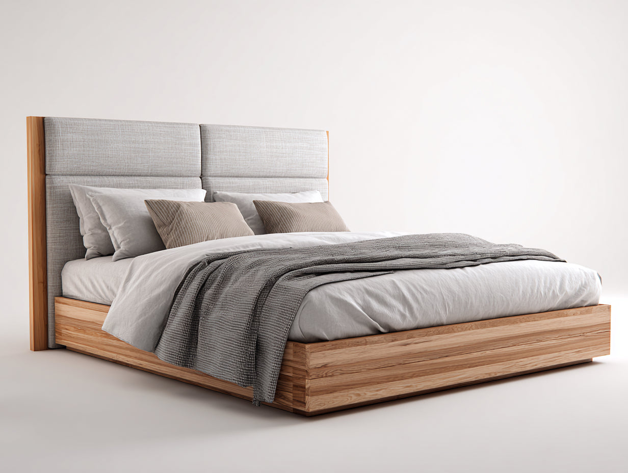 Letto matrimoniale - Legno-Tessuto - 210x180x125 cm - Marrone chiaro-Grigio chiaro - Stile moderno imbottito