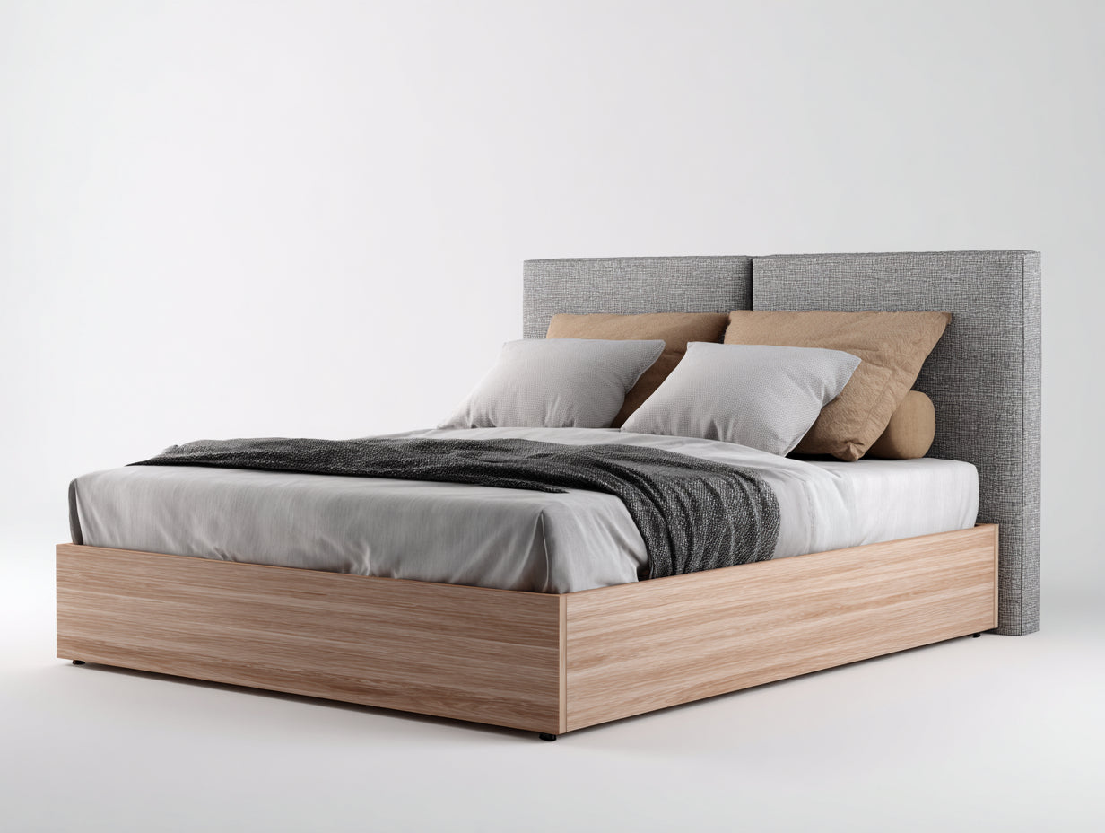 Letto matrimoniale - Legno-Tessuto - 210x180x120 cm - Marrone chiaro-Grigio - Stile moderno con testiera imbottita