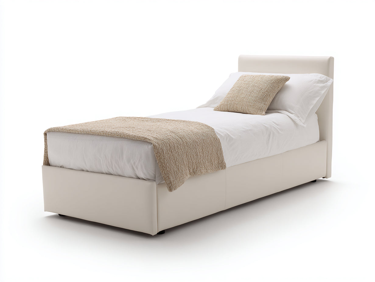 Letto singolo - Pelle sintetica - 210x100x95 cm - Avorio - Stile moderno imbottito