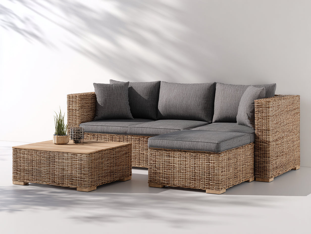 Divani da esterno-Rattan sintetico-Tessuto-Legno-242 x 172 x 82 cm-Naturale-Grigio scuro-Stile contemporaneo