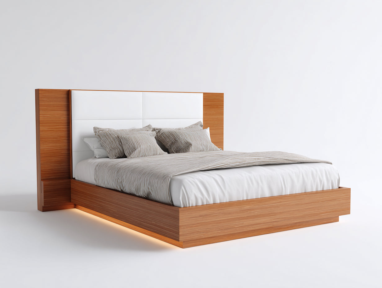 Letto matrimoniale - Legno - Tessuto - 210x180x120 cm - Marrone-Bianco - Stile moderno